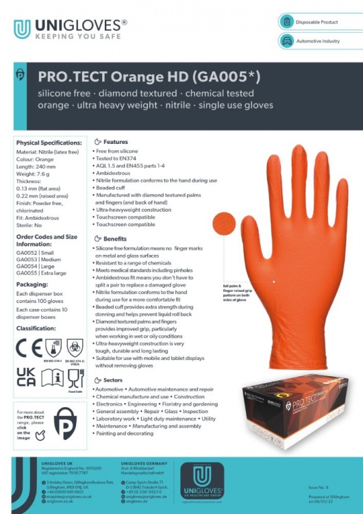 Unigloves  Pro.Tect HD Orange Nitrile Diamond  Gloves (100  Per Box)