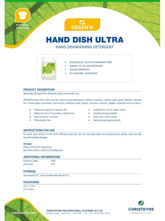 Clover Chemicals GREEN'R Hand Dish Ultra Ecological Concentrated Hand Dishwashing Detergent (490)