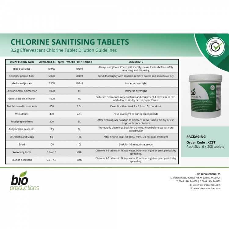 Bio Productions CHLORINE SANITISING TABLETS POUCHES OF 200