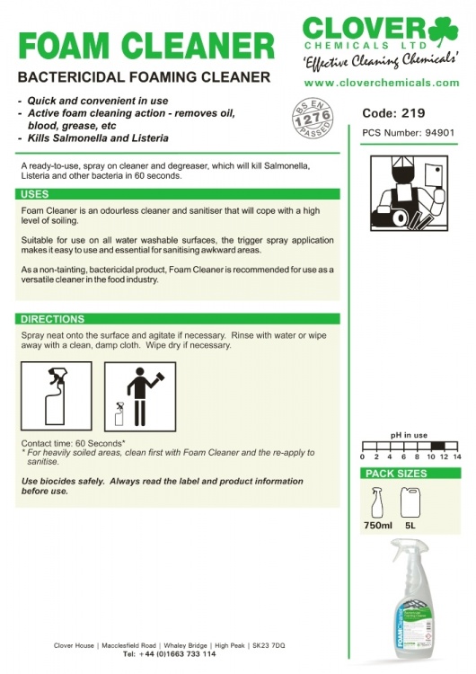 Clover Chemicals Foam Cleaner Bactericidal Foaming Cleaner 219