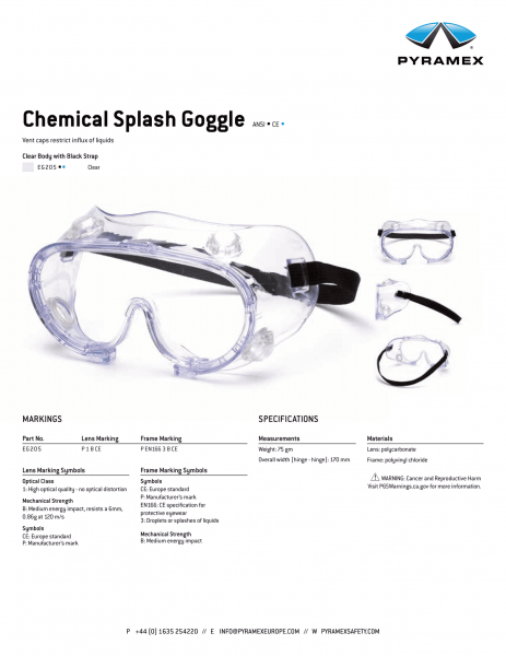 Pyramex Chemical Splash Safety Goggle