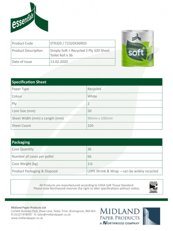 2Ply White Essentials Economy 320 Sheets 36 Pack (9 x 4)